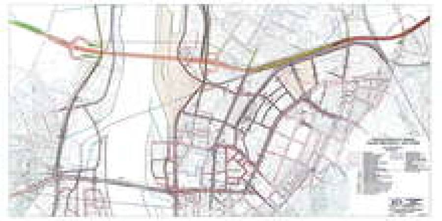 Новые переправы через Даугаву: Северная (красным) и туннель Ханзас (синим).