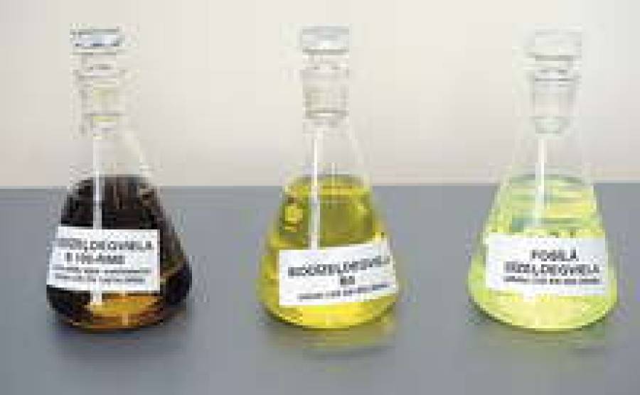 Биодизельное топливо (в центре), на котором все мы будем ездить с 1 октября, образуется в результате смешения рапсового метилового эфира (слева) и обычной солярки (справа).